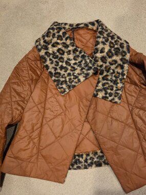 Fox's NWT Brown Puffer Asymmetrical Jacket Leopard Print Shawl Collar L/XL